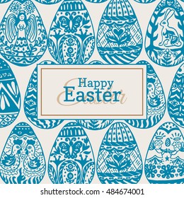 Easter card with eggs on vintage background. Vector illustration of Eggs ornamental card on beige backgeound.