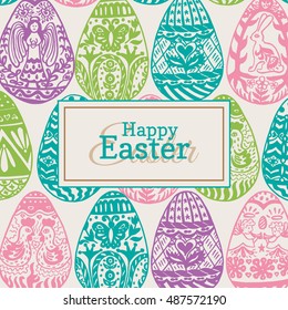 Easter card with eggs on vintage background. Vector illustration of Eggs ornamental card on beige background.