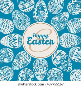 Easter card with eggs on vintage background. Vector illustration of Eggs ornamental card on blue backgeound.