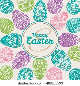 Easter card with eggs on vintage background. Vector illustration of Eggs ornamental card on beige backgeound.