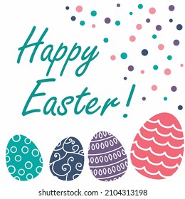 Tarjeta de Pascua con huevos de Pascua sobre fondo blanco. Huevos de Pascua con puntos coloridos y acuarelas. Colores luminosos, diseño sencillo