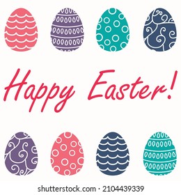 Tarjeta de Pascua con huevos de Pascua sobre fondo blanco. Huevos de Pascua con puntos coloridos y acuarelas. Colores luminosos, diseño sencillo