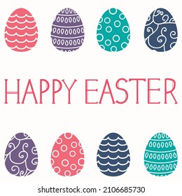 Tarjeta de Pascua con huevos de Pascua sobre fondo blanco. Huevos de Pascua con puntos coloridos y acuarelas. Colores luminosos, diseño sencillo