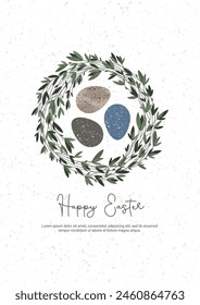 Easter card. With Easter eggs on a wreath with green leaves on a white background in nature style. Vector for poster, print, postcard, invitation, greeting, tag.