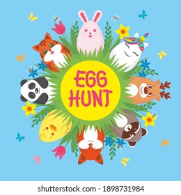 Easter card with easter eggs painted as animals (rabbit, cat, panda, chiken, fox, raccoon, deer, unicorn) among grass and flowers, arranged in a circle. Inside the title 'Egg hunt'.