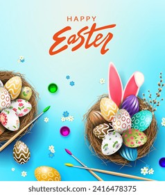 Easter card, eggs with a pattern in the nest, rabbit ears, brushes and paints.