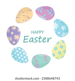 Easter card with eggs, patterns and text. Concept for spring holiday. Happy Easter.