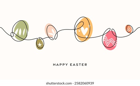 Easter card, Easter eggs poster, continuous line art border