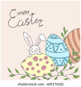 Easter card with eggs, rabbit, green branch and lettering, hand drawn vector illustration