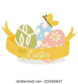 Easter card with Easter eggs and a ribbon with text. Spring, butterfly. Holiday covers, posters, banners, greeting cards. Cartoon flat vector illustration isolated on white background