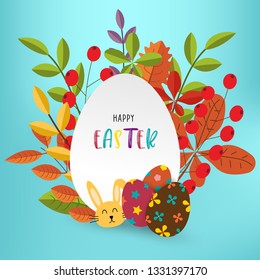 Easter card with eggs and spring leaves.