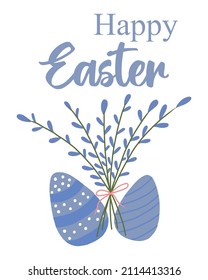Easter card with eggs and willow. Vector cute postcard Happy Easter in gentle color.