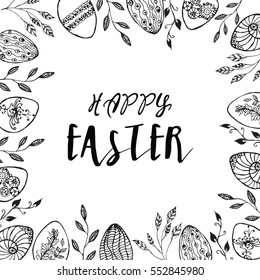 Easter card with eggs and wreath. Happy Easter Egg lettering on seamless background. Vector illustration EPS10