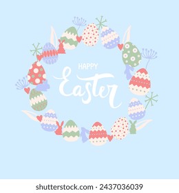 Easter card with eggs wreath shape frame. Vector illustration. Greetings and presents for Easter Day in flat lay styling