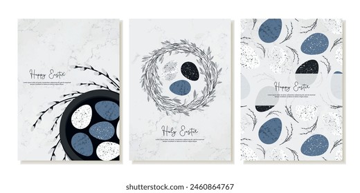 Easter card with Easter eggs, wreath, with a sprig of willow on marble background. Vector template for printing cards