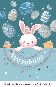 Easter card featuring bunnies and chicks, bunting flags and paper flowers for a sense of joy