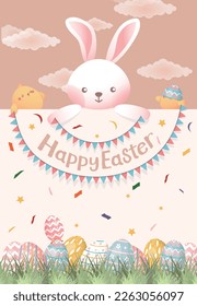 Easter card featuring bunnies and chicks, bunting flags and paper flowers for a sense of joy