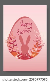 Easter card featuring a bunny silhouette within a pink egg, surrounded by floral details. A warm and sophisticated holiday-themed illustration