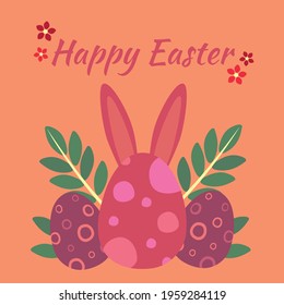 Easter card, festive painted eggs with bunny ears. Vector illustration in a flat style.