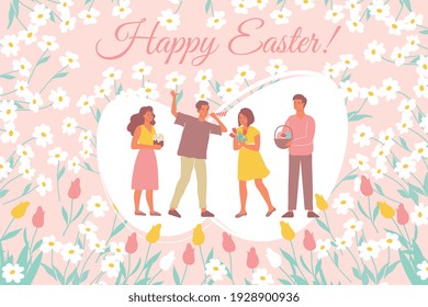 Easter card flat composition with human characters of festive people with ornate text and flowers images vector illustration