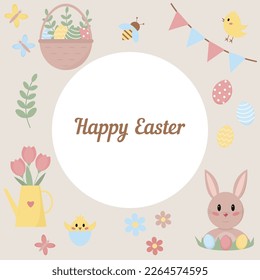 Easter card in flat style. Traditional symbols: eggs, rabbit, chicken and others. Vector illustration