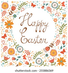 Easter card with floral background. Colorful vector illustration