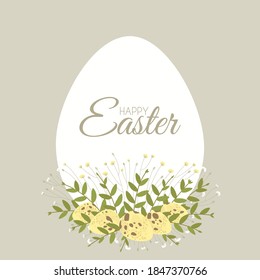 Easter card with floral elements and quail hen eggs. Decorative frame made of white Easter eggs.
Border for celebration decoration design. Flat vector illustration.