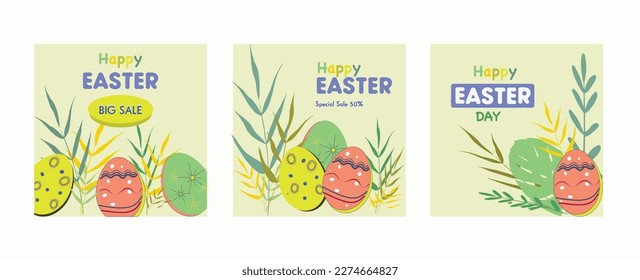 easter card. Easter floral square templates. Cute vector backgrounds in flat style for social media posts, mobile apps, cards, design and web ads