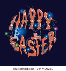 Easter card with flowers aA beautiful blue plush bunny sits on a Happy Easter lettering and sniffs glow-in-the-dark climbing flowers. beautiful inscription banner greeting card Happy Easter.