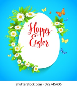 Easter card with flowers and butterflies. Background for design card, banner,ticket, leaflet and so on.Template page with handwritten inscription Happy Easter. Holiday card. Place for text.