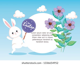 easter card with flowers decoration and rabbit with sticker