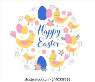 Easter card with flowers, eggs and chickens in circle . Easter holiday symbols, border, greeting card. Vector illustration.	