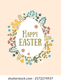 Easter card with flowers and shape of Easter egg in the middle. Vector hand drawn poster in flat style.