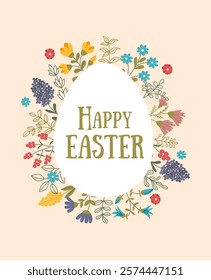 Easter card with flowers and shape of Easter egg in the middle. Vector hand drawn poster in flat style.