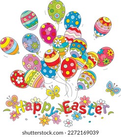 Easter card with flying holiday balloons colorfully decorated with traditional ornaments, spring flowers and merrily fluttering butterflies, vector cartoon illustration on a white background