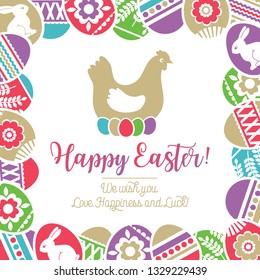 Easter card with frame of color easter eggs decorated with flowers, leafs and rabbits over white background. Easter holidays design. Hen with five colored eggs. Hand drawn decorative elements, vector