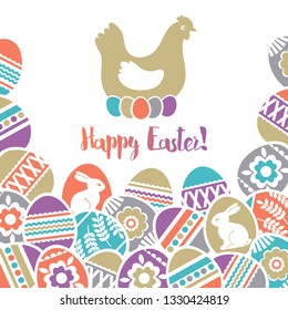 Easter card with frame of color Easter eggs decorated with flowers, leafs and rabbits over white background. Easter holidays design. Hen with five colored eggs. Hand drawn decorative elements, vector
