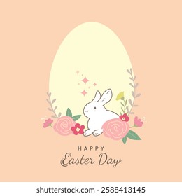 Easter card with a frame of eggs, a bunny, and flowers. Greeting card. Vector illustration.