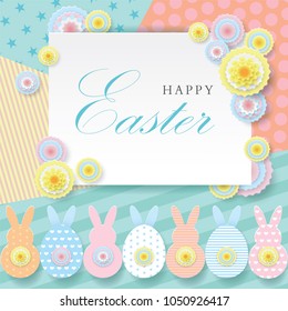 Easter card with frame, spring colorful flowers and flat easter bunnys and eggs on colorful geometry ornament background. Takes place under your text. Vector illustration. 