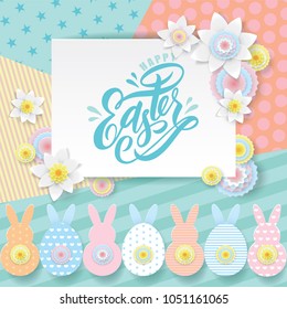 Easter card with frame, spring white flowers and flat easter bunnys and eggs on background wiht colorful geometric patterns. Text Happy Easter hand-drawn lettering. Vector illustration. 