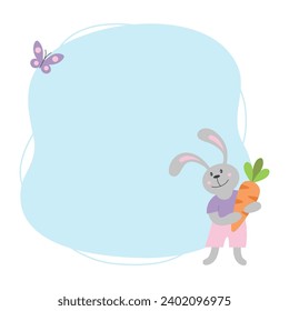 Easter card or frame template for kids with cute bunny, carrot and butterfly. Perfect for invitations, school, baby shower or birthday party. Vector isolated illustration.