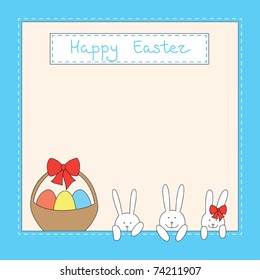 Easter card with funny bunnies, eggs in the basket and place for your text.
