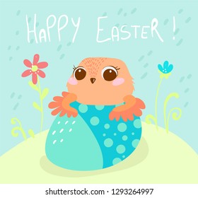 Easter card, funny chicken looks out of the egg, beautiful design