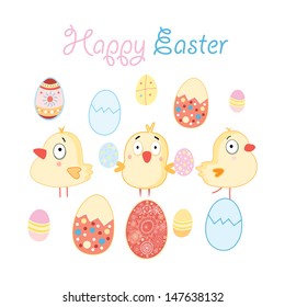 Easter card with funny chickens and eggs 