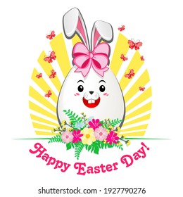 Easter card with a funny rabbit in the shape of an egg, butterflies and spring flowers on a background of sun rays. Vector on transparent background