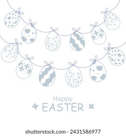 Easter card with garland of vintage Easter eggs with place for your text. Garland with silhouettes of vintage eggs in blue color on white background. Cute vintage Easter garlands.