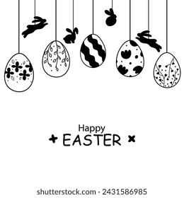 Easter card with garland of vintage Easter eggs and bunnies on white background with place for your text. Garland with silhouettes of vintage eggs suspended on strings with bunnies.