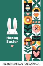 Easter card. Geometric design. Graphic elements for website, different pattern. Collection of images and icons for easter. Bunny and flower. Cartoon vector illustration isolated on green background