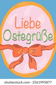 “warm Easter greetings”  card in German. Hand draw with texture. A bow and egg outline. Vector, isolated.