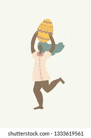 Easter card with girl and egg, vector, hand drawn